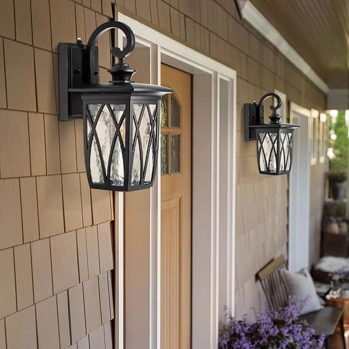 JYZ Dusk to Dawn Outdoor Wall Lantern Craftsman Style Exterior Sconce Light with Water Ripple Glass Traditional Porch Light Fixture Wall Mount Lamp for Front Porch Doorway Garage Patio Garden 14''