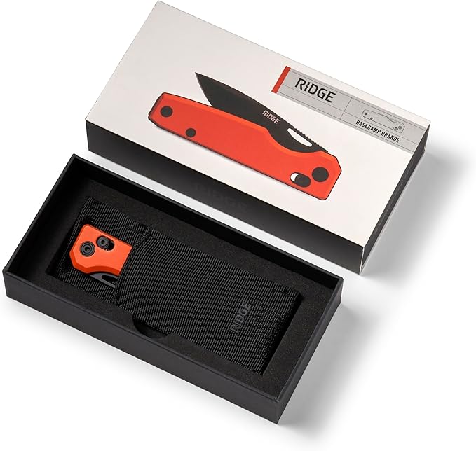Ridge Everyday Folder Knife - Premium EDC Pocket Knife Sandvik 14C28N Steel Drop Point Blade with Black DLC Finish Ceramic Bearings Deep Carry Clip &amp Multipurpose Design (Basecamp Orange)