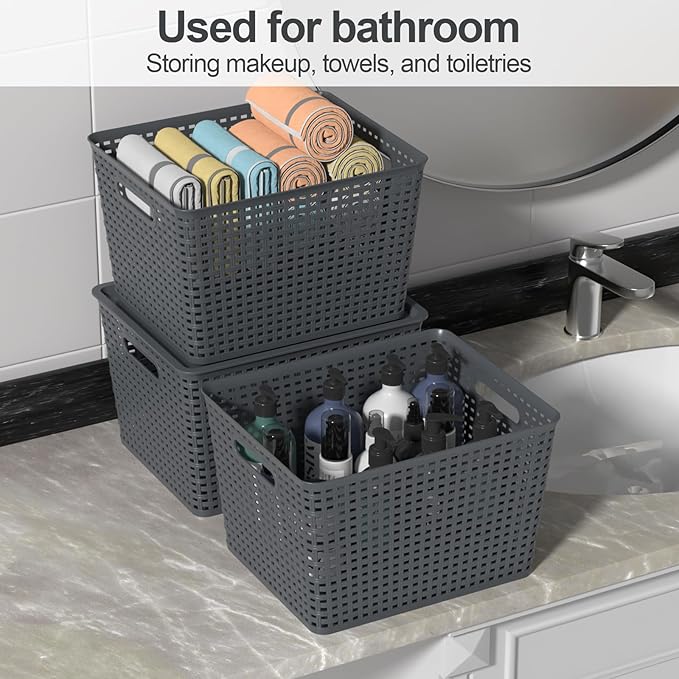 6 Packs Large Plastic Storage Basket Bin with Lid Tall Stackable Lidded Organizer Baskets for Desktops Closets Shelves Gray
