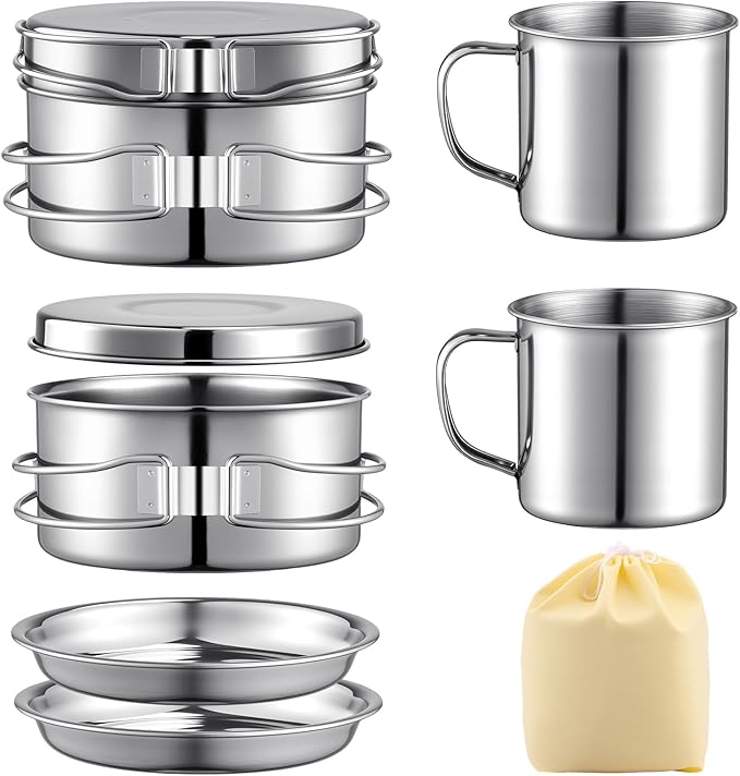 Stainless Steel Camping Cookware Mess Kit - Portable Backpacking Cooking Set with Pot/Plates/Cups &amp Storage Bag Outdoor Cookware for Hiking Picnic Camping &amp Backpacking Adventures（8PCS）