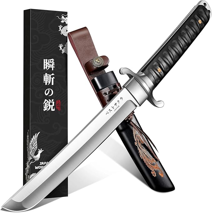 Japanese Fixed Blade Knife Tanto Knife with Phoenix Carved Sheath Tanto Samurai Knives for Camping Outdoor Collection for Men