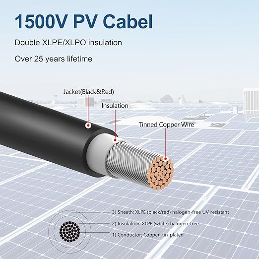 8AWG (10mm²) 30FT Solar Extension Cables 1500V Tinned Copper PV Wire with 1.5KV 70A IP68 Male and Female Connectors for Solar Panel Photovoltaic Solar System