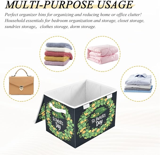 Doodle St. Patrick's Day Pattern Foldable Storage Baskets Fabric Boxes with Handle Organizers with Flip-Top Lids Storage Bins for Home Bedroom Office