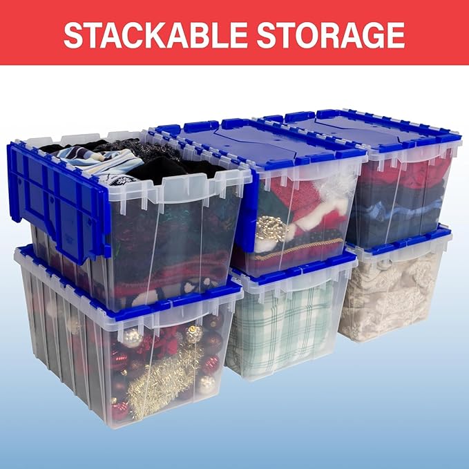 Akro-Mils KeepBox 12 Gallon Storage Container Nesting and Stackable Plastic Storage Box with Lid Attached Organizer Tote for Garages Closets and Moving 21-1/2 x 15 x 12-1/2 Red/Green
