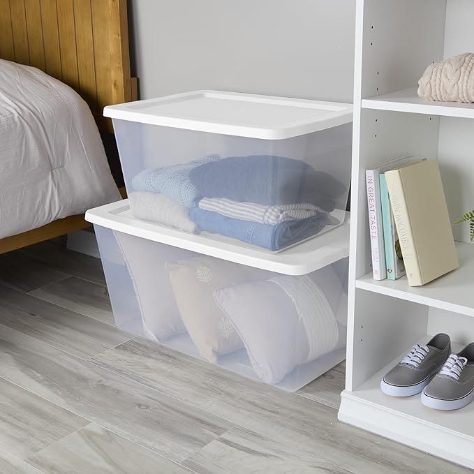 2-Pack 58 Quart Clear Storage Bins with Snap-On White Lids Stackable Plastic Containers for Home Organization Closet Bedroom Garage Storagea