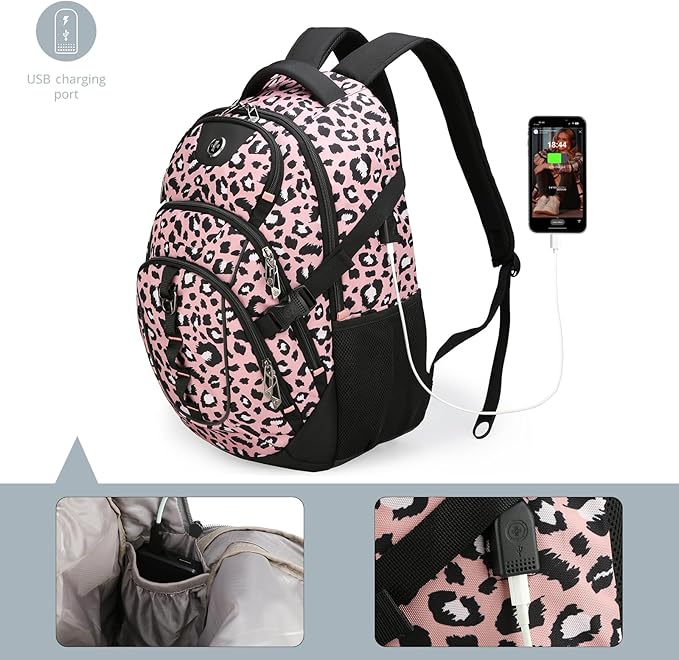 Swissdigital Laptop Backpack with USB Charging Port Travel Backpack Fits 15.6 inches Computer 31L Backpack for Women Pink Leopard | SD803-102