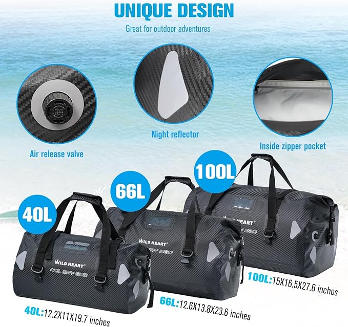 WILD HEART Waterproof Motorcycle Duffel Bag PVC500D Double-bottom With Rope Straps and Inner Pocket 40L 66L 100L for Kayaking Camping BoatingMotorcycle