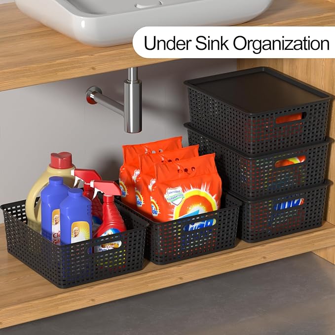 6 Packs Plastic Woven Storage Basket with Lids Lidded Storage Basket Bin for Shelves 14.05 L x 11.65 W x 5.31 H Black