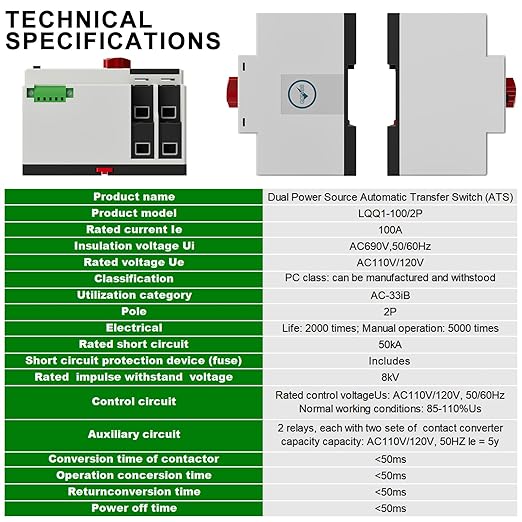 AC110V/120V 100Amp Automatic/Manual Transfer Switch 2P 50/60Hz 2Poles Mini ATS Auto Dual Power Switch Automatic Changeover Fast Transfer for Home Generator Soalr Rv and Lv Power