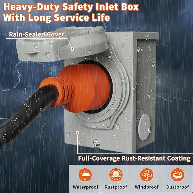 30 Amp Generator Cord and Power Inlet Box 30FT 125V/250V 4 Prong SJTW Generator Extension Cord Pre-Drilled 30 Amp Inlet Box Interlock Kit NEMA L14-30P to L14-30R Twist Locking ETL Listed