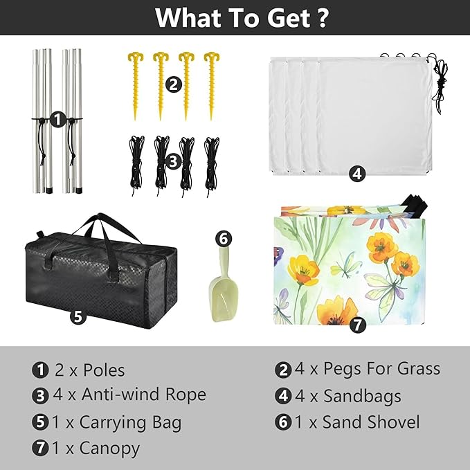 Wildflowers Beach Canopy Sun Shelter with Sandbags &amp Sand Shovel &amp Windproof Ropes - Portable 110x126 Beach Shade Beach Tent for Camping Picnics
