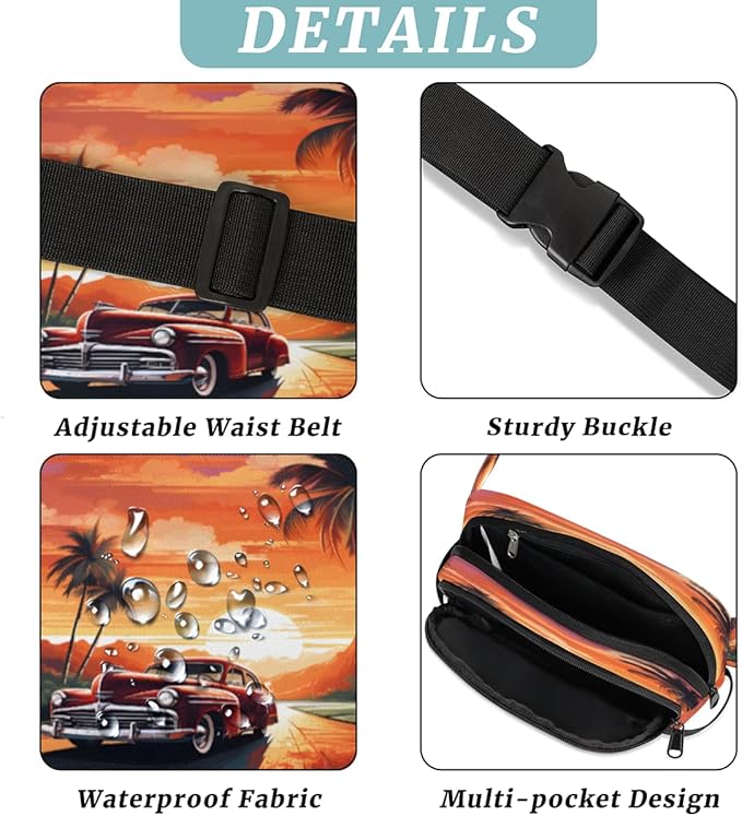 Sunset Coconut Island Tree Car Coconut Waterproof Fanny Pack for Women Men Adjustable Waist Bag with Double Zipper Pockets Lightweight Square Hip Pack for Running Travel Hiking Workout Cycling