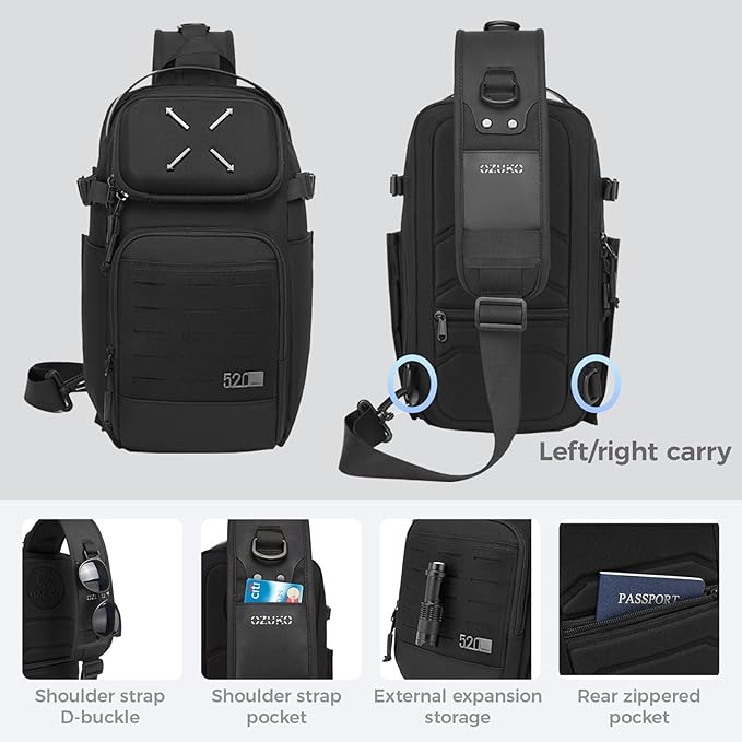 OZUKO Tactical Sling Bag Black Small Crossbody Backpack for Men Casual Shoulder Chest Bag for Travel Work &amp Everyday Use