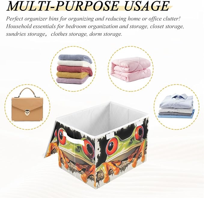 Storage Cube with Lid Curious Frog Print 16.5×12.6×11.8 IN 1 Pack Collapsible Large Capacity Foldable Storage Basket Bin Organizer