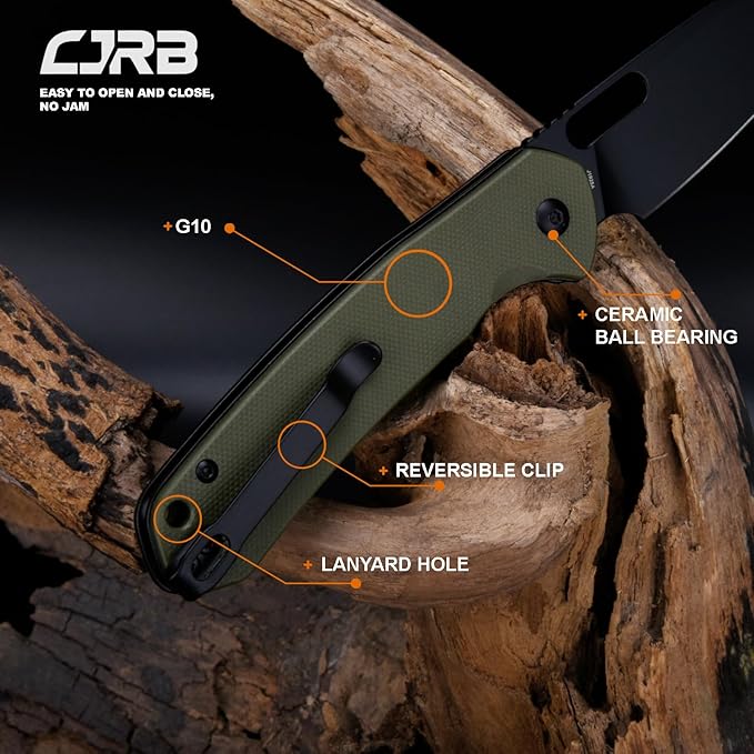 CJRB Pyrite-Alt (J1925A) Folding Pocket Knife with 3.11'' Black PVD AR-RPM9 Blade Green G10 HandleButton Lock EDC Knife with Thumb Hole for OutdoorHiking
