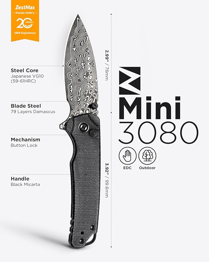 Damascus Folding Pocket Knife 2.99 Blade Micarta Handle Sharp Cool Small EDC Pocket Knives with Clip for Men Women Camping Hiking Survival Outdoor Mini 3080MB (Black)