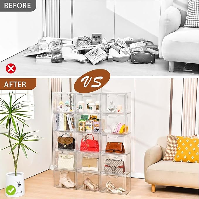 3 Pack Clear Storage Bins with Lids Storage Containers with Magnetic Door Stackable Acrylic Display Case for Handbags Cosmetic Multifunctional Storage Boxes for Dorm Living Room Bedroom Storage
