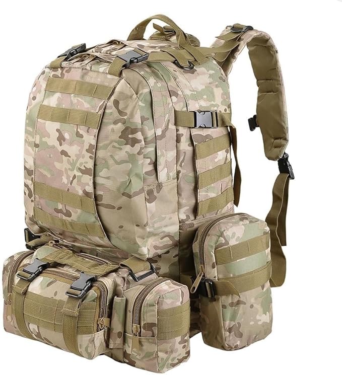 Tactical Backpack 55L with Built-up 3 MOLLE Bags Rucksacks for Travelling