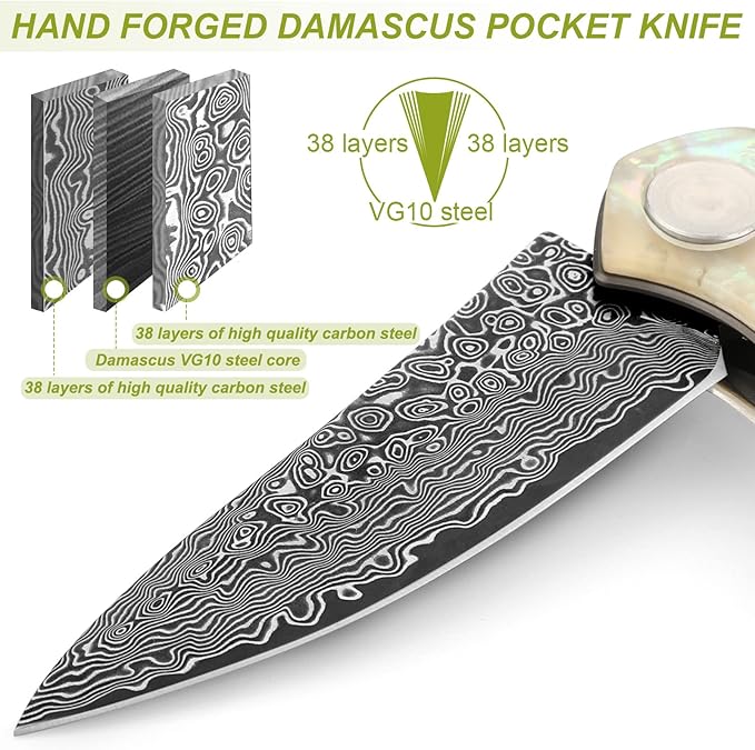 Benkey Damascus Pocket Knife Extremely Sharp VG10 Core Damascus Steel Folding Knives with Clip and Leather Sheath Unique Abalone Seashells Handle Ball Bearing Liner Lock Knife for EDC Men Women