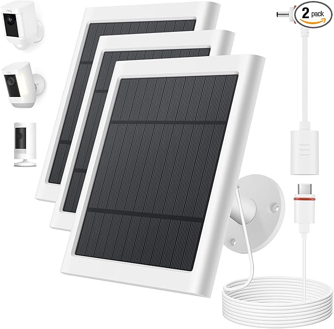 IP65 Solar Panel for Rings Camera White 3pack 4W Solar Charger Compatible with Rings Spotlight &ampStick Up Outdoor Cam Battery 10ft Long Cable with USB-C to Ring Barrel Plug Adapter