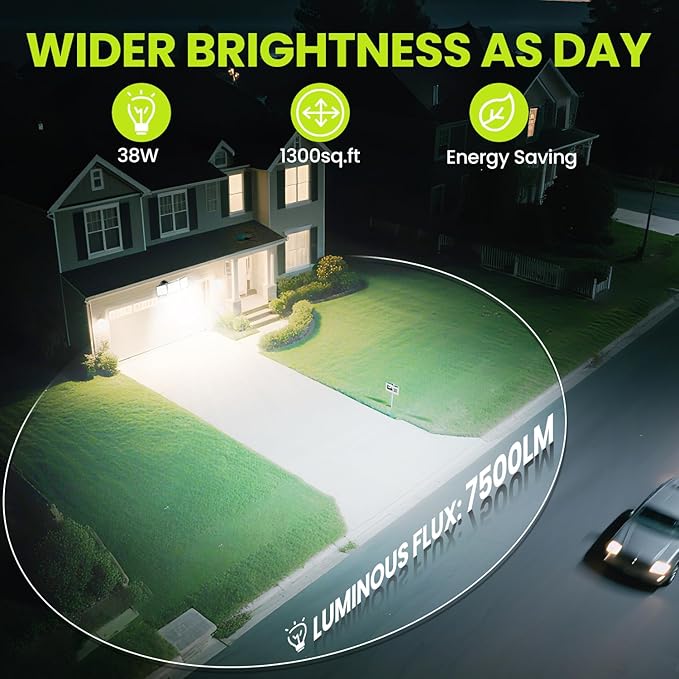 7500LM LED Security Light Motion Sensor Outdoor Lights Adjustable 3 Head Hardwired LED Flood Lights Outdoor IP66 Waterproof 38W Motion Detected Lights for Outside House Garage Yard