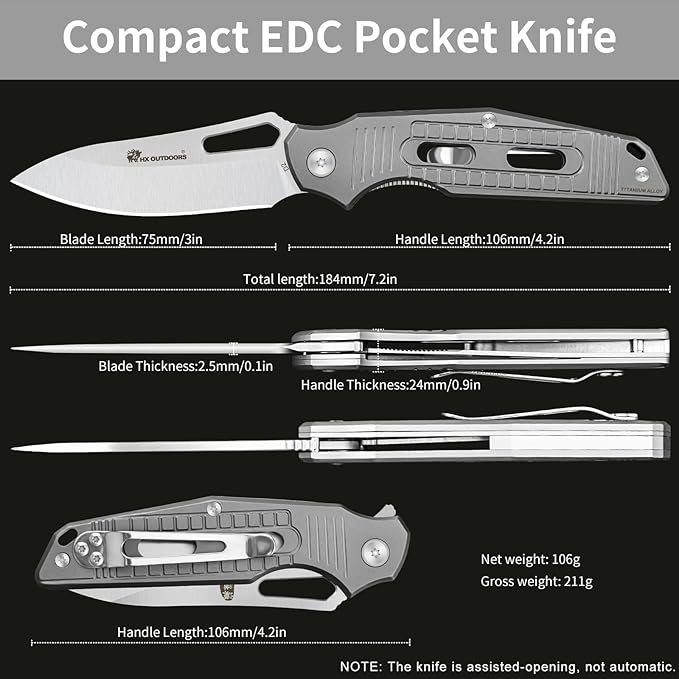 HX OUTDOORS Pocket Knife for Men Folding Knife with Clip D2 Steel Blade Titanium Handle Sharp EDC Tactical Knife for Camping Hiking Survival Outdoor Pocket Knives for Men Gift