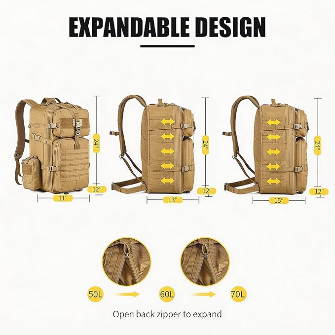 Tactical Backpack for Men 50L/60L/70L Expandable Military tactical Backpack Waterproof MOLLE Hiking &amp Camping Rucksack with Water Bottle Bag Assault Pack &amp Bug Out Bag for Outdoor
