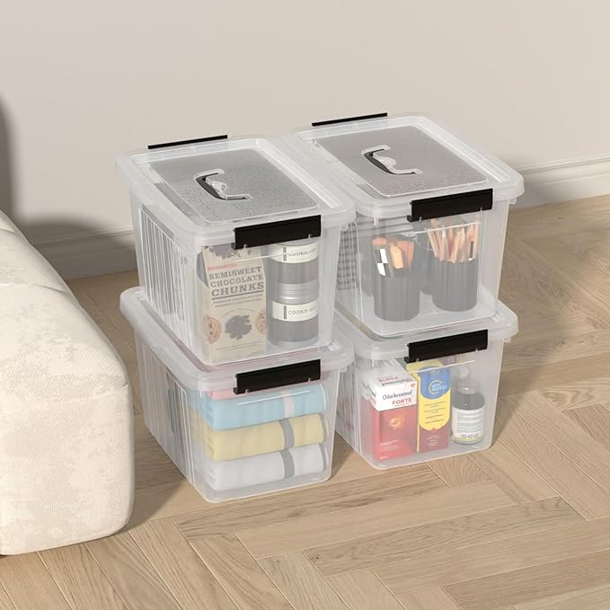 12 Liter Plastic Storage Bin with Handle Clear Lidded Storage Box 4 Pack