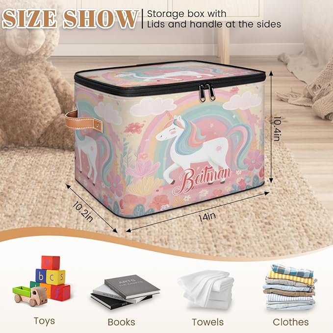 Storage-Bins with Lids Handle Customized Stackable-Storage-Bin for Kids-Boys-Girls-Toys Cube Collapsibl Basket Flowers Unicorn Rainbow