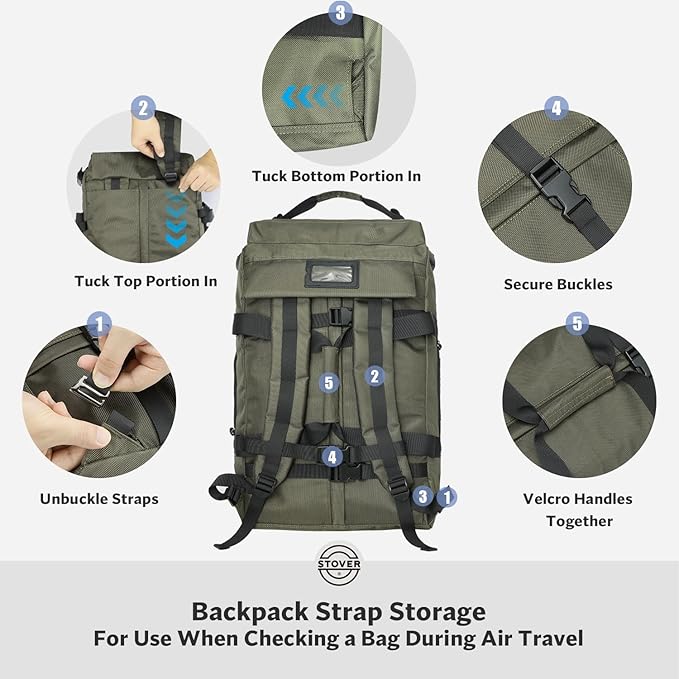 STOVER 45/80/100L Carry-On Rolling Duffel Bag with Wheels Medium Durable Travel Duffle w/Toiletry Bag Packable Foldable with Shoulder Straps- Use as Luggage or Backpack Men/Women (Green)