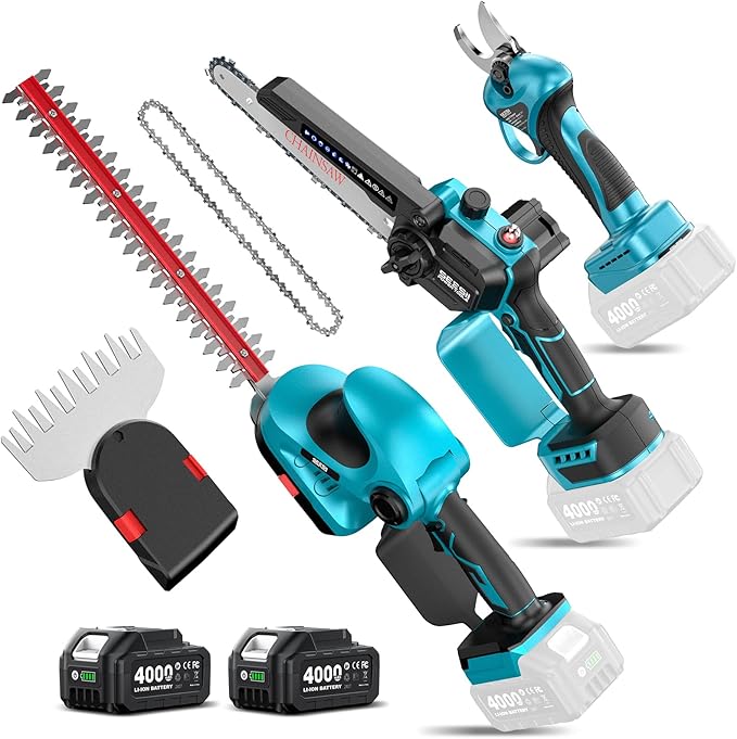 SEESII Electric Chainsaw Trimmer Pruner: 3-in-1 Cordless Chainsaw Hedge Trimmer Pruning Shears with 2× Rechargeable 4000mAh Batteries Garden Tool Kit for Tree Trimming and Branch Cutting