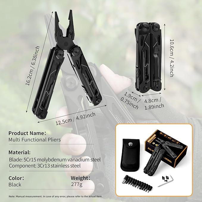 28-in-1 Multitool Pliers with ScissorsSaw ScrewdriversRope CuttersCan OpenerFileCarrying PouchStainless Steel Pocket Multi-Tool Ideal for Camping Survival Toolkit and Gift for him (Black)