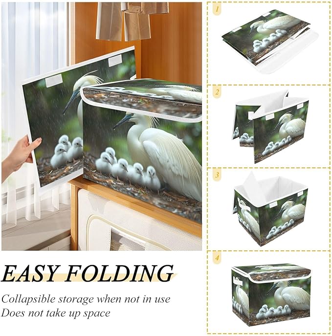 AIXIWAWA Lidded Storage Cube (White Bird Family) Fabric Foldable Closet Bins with Flip Lid and Handles Organizer Basket Container 16.5 x 12.6 x 11.8 IN