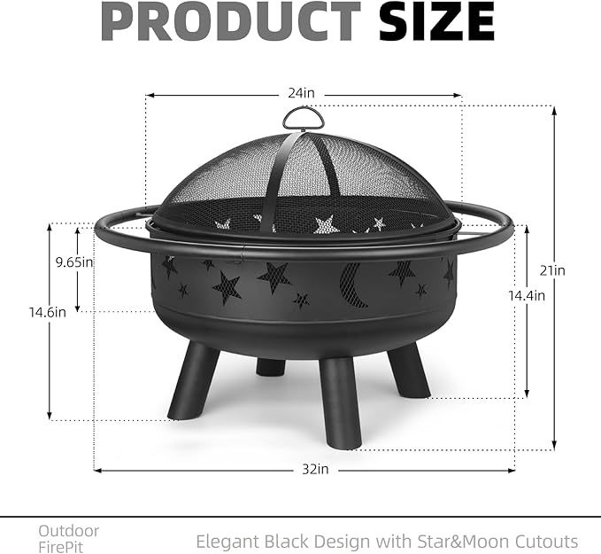32 Round Wood Burning Fire Pit with Mesh Cover Fire Poker Star &amp Moon Cutouts Metal Outdoor Firepit for Patio Backyard Garden Bonfire Camping Christmas Thanksgiving Halloween