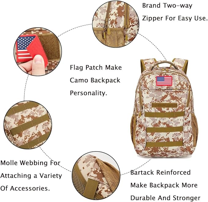 outdoor plus Camo BackpackMilitary Boys Backpacks for School40L Army Bookbag with USB Charging Port Waterproof