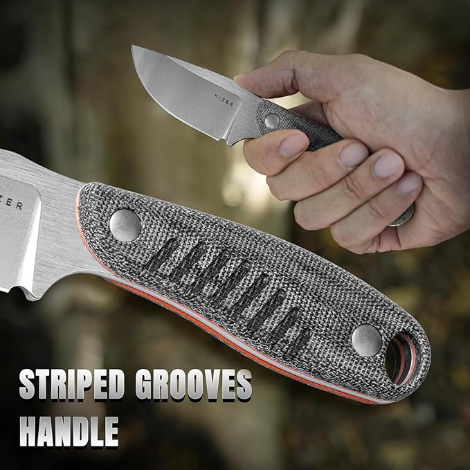 Kizer Hare Fixed Blade Knife with Sheath 3.14 Nitro V Blade EDC Hunting Knife with Black Micarta and Orange G10 Handle Small Bushcraft Neck Knives Camping Knives for Men Women 1077A2