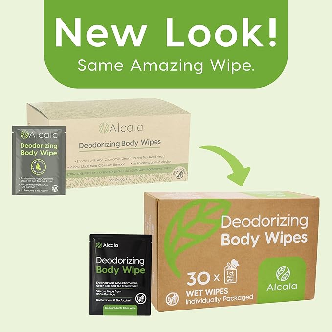 Alcala Deodorizing Body Wipes Individual Shower Wipes 100% Pure Biodegradable Bamboo Wet Wipes with Aloe Tea Tree Adult Body Wipes for Women &amp Men Ideal for Camping Hiking Hospitals &amp Gym (30