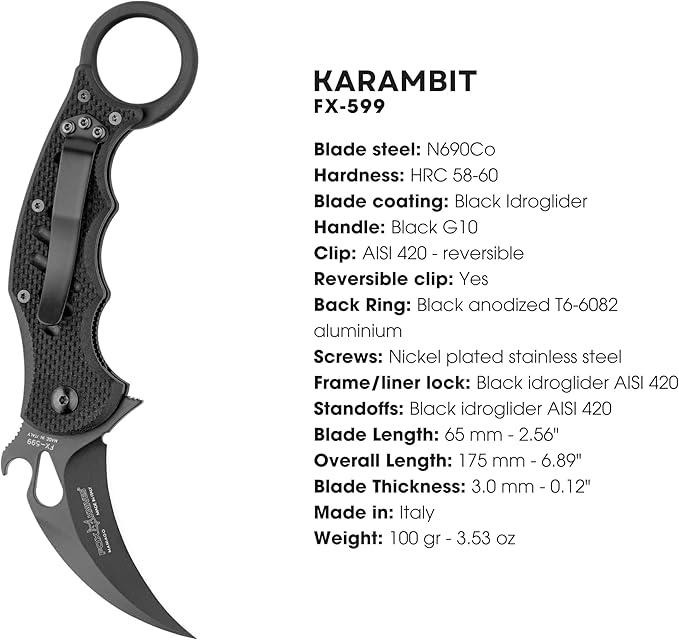 Fox Knives FX-599 G10 Black Emerson Wave Folding Karambit Rapid One-Handed Deployment Teflon Coating Black Idroglider Blade Finish Pocket Clip