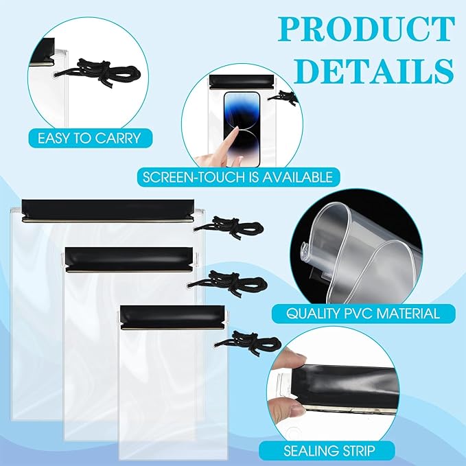 Dansydaisy 15 Pack Clear Waterproof Bags Water Tight Pouch Holder 3 Sizes Dry Bags Boating Waterproof Cases Sealable Phone Pouch Compatible with Iphone Ipad Maps Camera Document Holder Kayaking