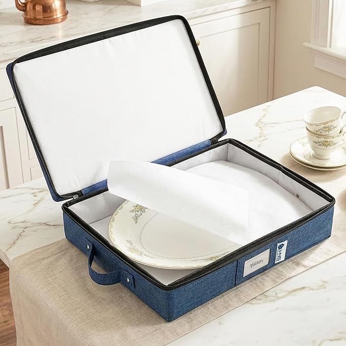 Platter Storage Containers - Hard Shell Protection for Fine China Sturdy Dish Organizer with Dividers for Seasonal Storage Moving &amp More - Protects up to 4 Platters (Blue)