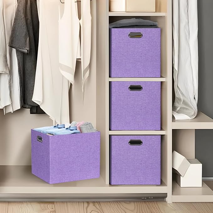 13x15x13 Storage Cube Bins Foldable Storage Cubes Fabric Organizer Basket Bin Solid Containers Decorative Storage Boxes for Shelves Wardrobe Closet Home Office 4 Pack Purple
