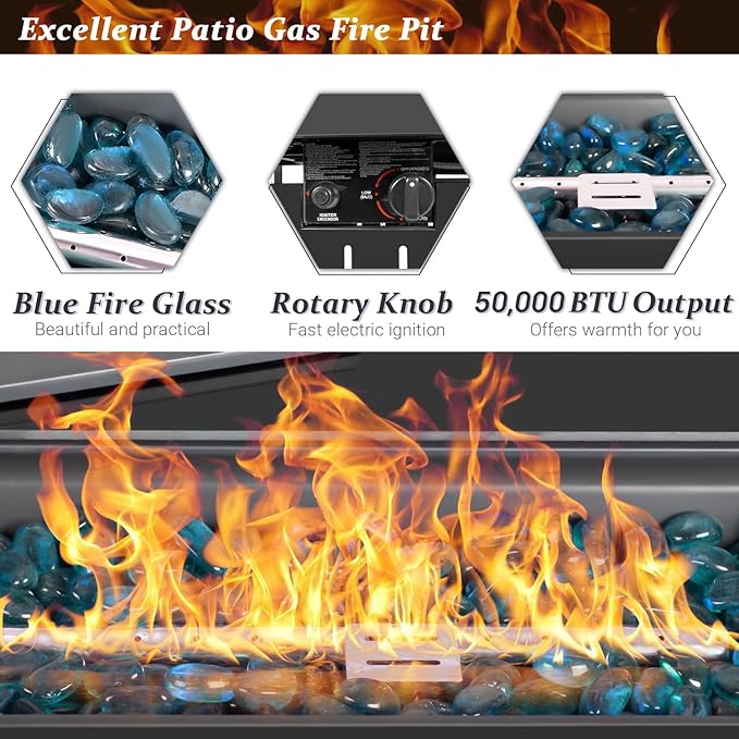 Greesum 44 Propane Gas Fire Pit Table 50000 BTU Outdoor Rectangular FirePit with Lid Rain Cover for Outside Garden Backyard Deck Patio Black