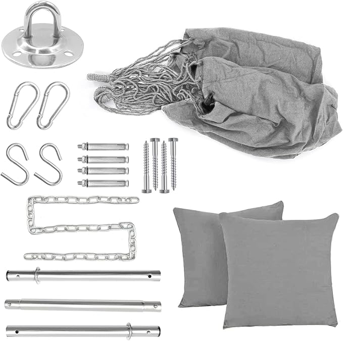 Gold Armour Hammock Chair Hanging Rope Swing Max 500lbs 2 Seat Cushions Included Hanging Chair with Pocket-Quality Cotton Weave for Superior Comfort &amp Durability (Gray)