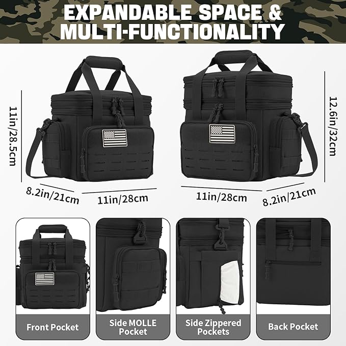 QT&ampQY Tactical Lunch Box for Men Expandable 18L Heavy Duty Military Insulated Cooler Bag Leakproof Thermal Lunch Bag for Work Camping Outdoor Picnic Pail Adult Meal MOLLE Webbing Black