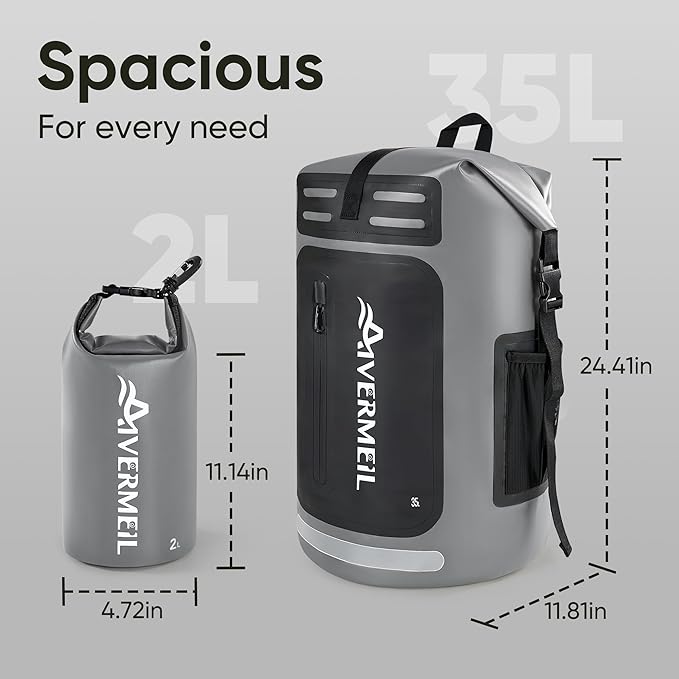 Dry Bag Waterproof Backpack 35L for Men &amp Women Roll-Top Hiking Backpack with IPX8 Waterproof Phone Case &amp Detachable Mini Backpack for Kayaking Boating Cushioned Padded Back Grey