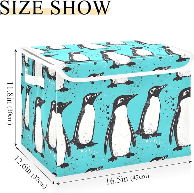 Penguin Teal Storage Cube Bins Basket with Lid Collapsible Flip-top Fabric with Handle for Home Bedroom Closet Office 16.5×12.6×11.8 in