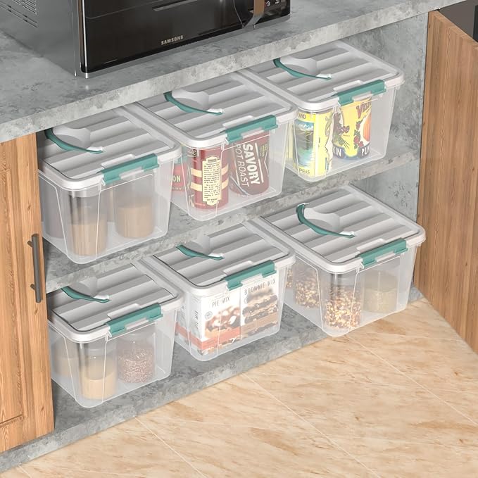 Zopnny 14 Quart Plastic Lidded Storage Bin with Handle Clear Latching Box with White Lid 6 Packs