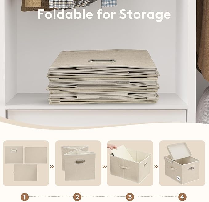 Lifewit Clothes Storage Bins with Lids Fabric Foldable Storage Boxes with Handles Decorative Closet Organizer Stackable Cube Baskets Container for Bedroom Office 34.5L Large Beige 5 Packs