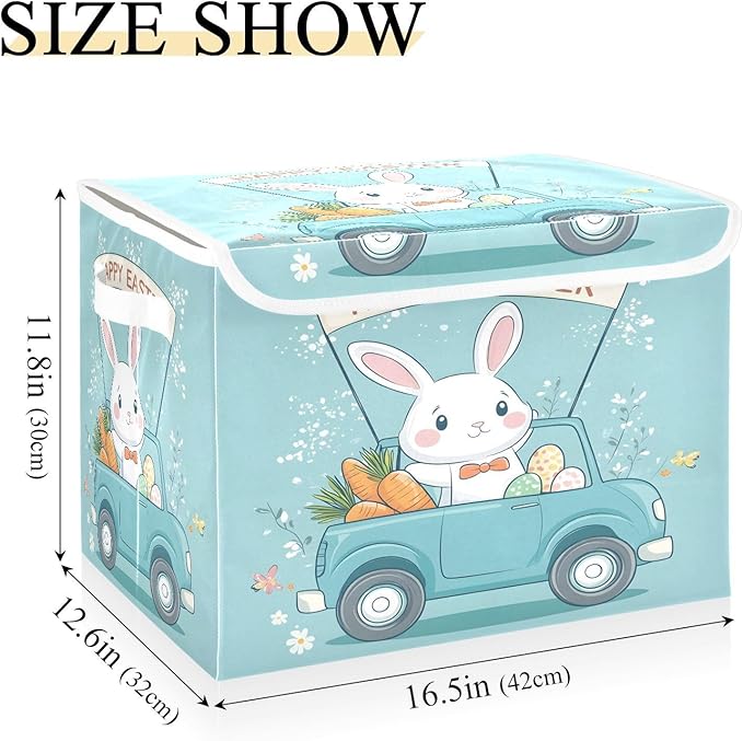 Christmas Storage Baskets with Lids Cartoon Easter Bunny Collapsible Bins Stackable Fabric Linen Baskets Closet Organizer Container 16.5x12.6x11.8