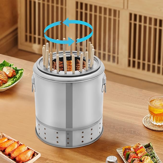 Portable Charcoal Grills 2 in 1 Vertical Smoker 360° Smokeless Stainless Steel BBQ Grill Barrel for Outdoor Barbecue Camping And Backyard Cooking (Medium-20 Skewers)